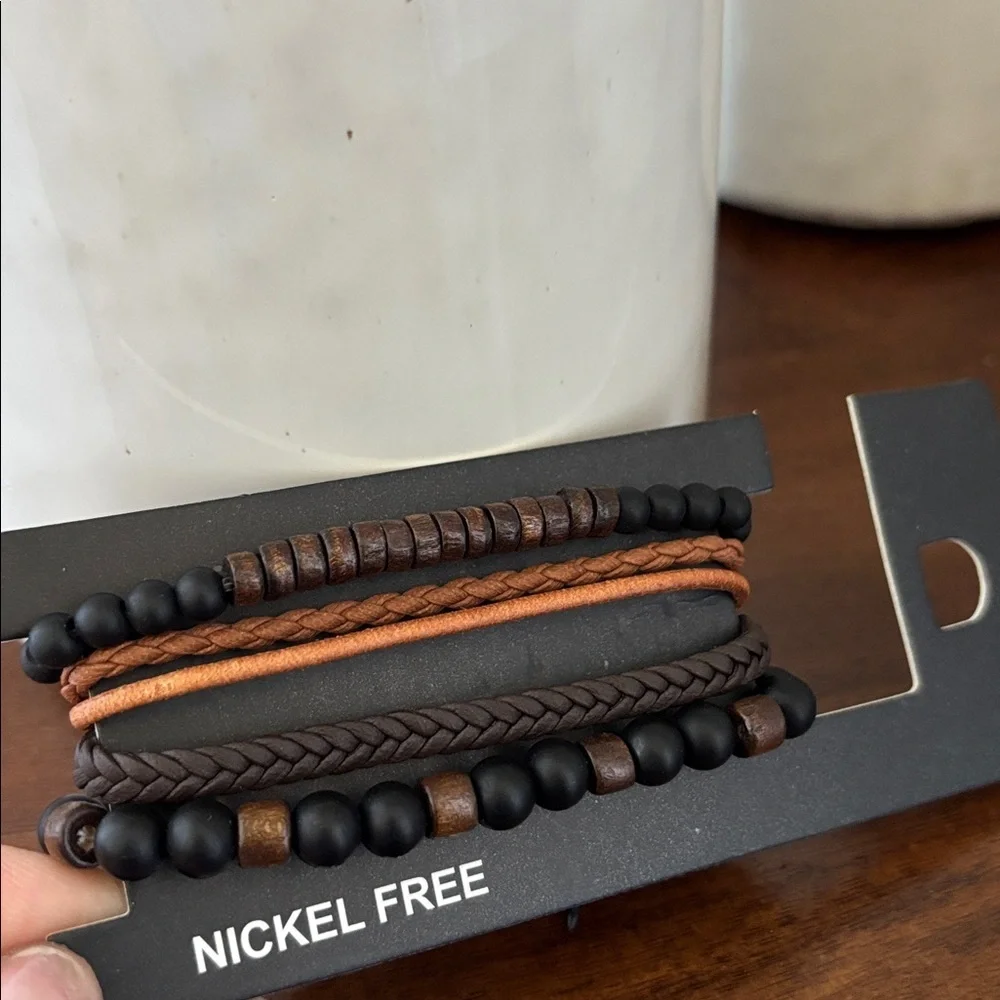 Buddha Wood Bead,flat braided leather,5 row,wrap adjustable,nickle free bracelet